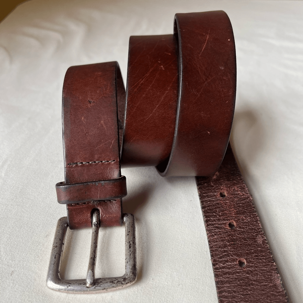 Vintage Leather Belt Dark Brown with Solid Brass Silver Buckle Distressed Large