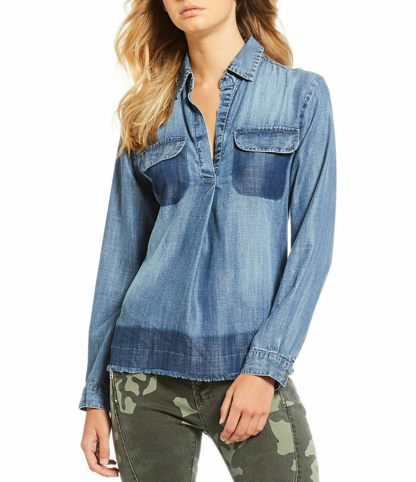 Elan Fresh Produce L NWT Denim Deconstructed Tencel Chambray Tunic Top Shirt  | eBay