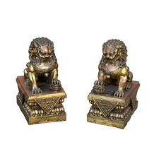 Pair Chinese Light Brown Copper Metal Foo Dog Lion Fengshui Figures ws4201