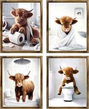 Highland Cow Bathroom Wall Art Prints, Rustic Decor, Unframed, 8X10 Inches, 4 Pc