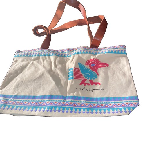 Andaz Mayakoba hotel Canvas tote bright red and blue stylized bird graphic