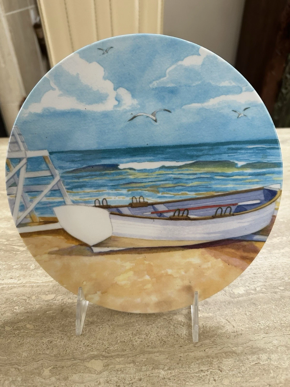 Melamine Plates Set 4 Beech House Boat Coastal Seagull Ocean Lunch Salad Plates