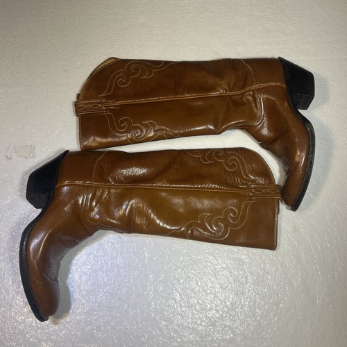 Tony Lama Western Tall Riding Boots Cowgirl Pull On Brown Leather Womens 7.5 A - Picture 10 of 23