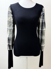 Veronica Beard Sweater M Black Knit Plaid Sleeve Mixed Media Crewneck Pullover