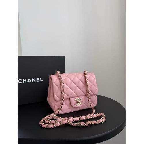 Chanel Classic Flap Bag Mini Pink GHW Calfskin Leather Matelassé Chevron Auth
