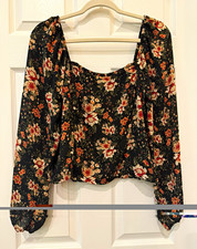 Abercrombie Fitch Womens L Floral Corset Top Square Neck Long Sleeve Smocked