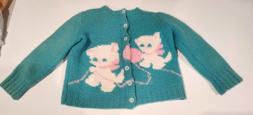 VTG Childrens Button Up Cardigan Thick Knit Sweater Blue 1950s Kittens 18-24mon.