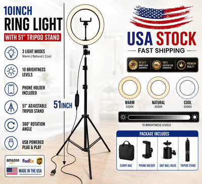 10'' Ring Light with 51'' Tripod Stand LED Selfie Light Phone Holder USB