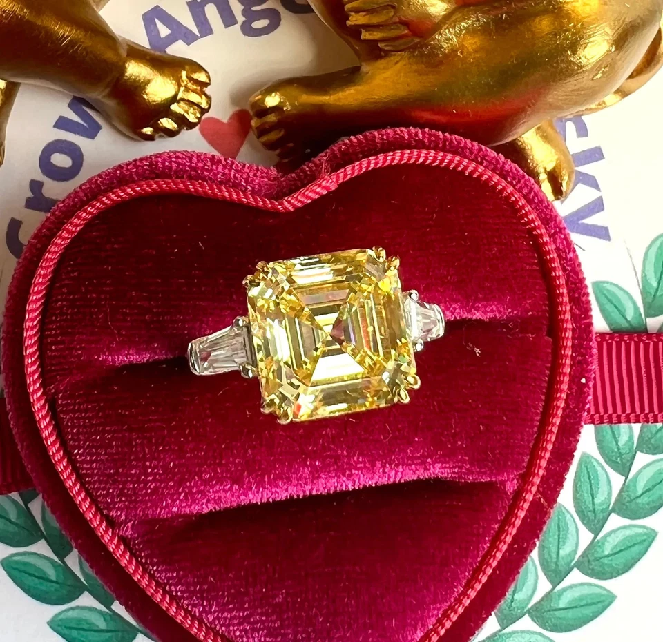 5.50 Ct Asscher Cut Certified Real Yellow Sapphire Diamond Ring 14K White Gold - Image 2 of 4