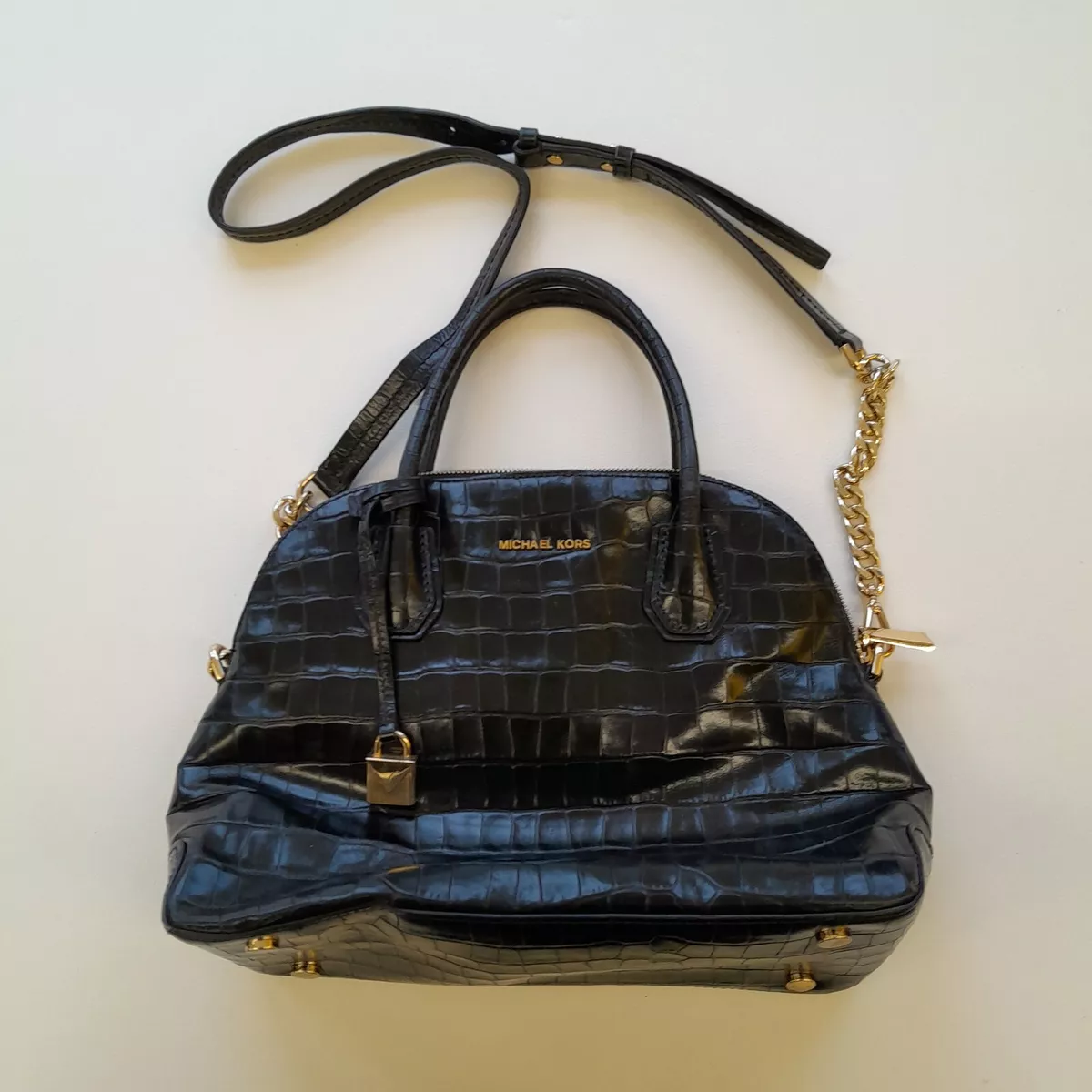 Michael Kors Bag Black Leather Croc Effect Mercer Embossed Dome