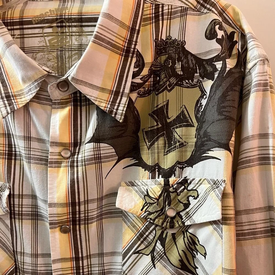 Machine Mens Shirt Large Pearl Snap Plaid Graphic Pockets Long Sleeve Western - Image 2 of 4