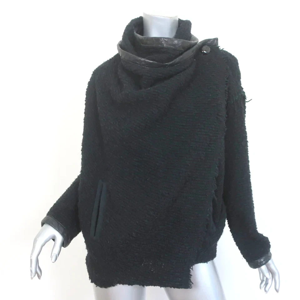 Chaqueta drapeada Isabel Marant negra ribete de cuero lana Boucle talla 0 Foto 2 de 4
