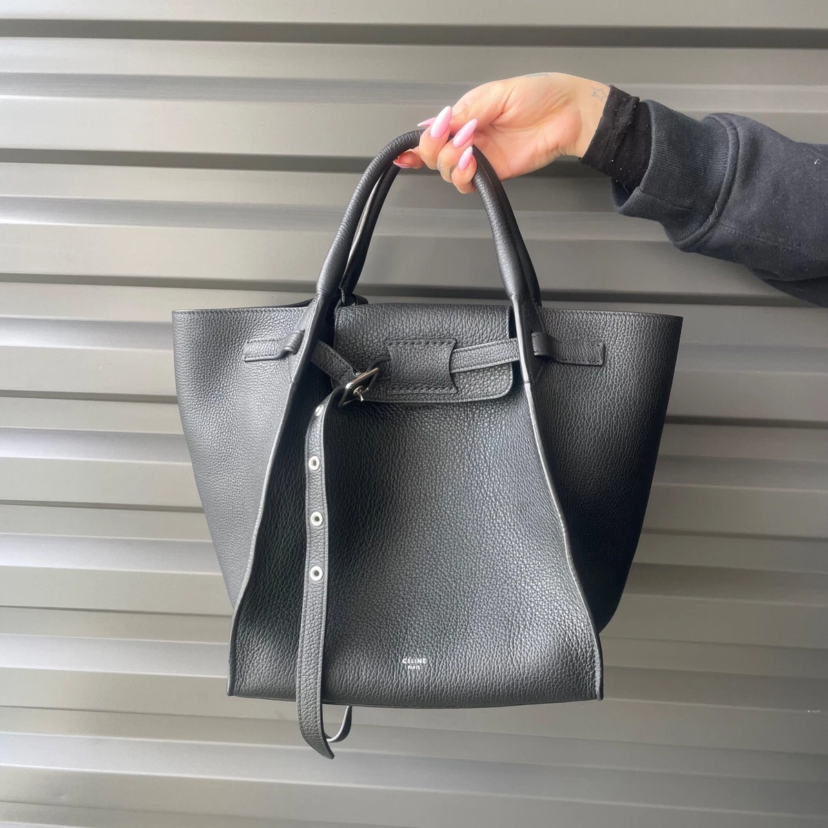 CELINE Black Grained Calfskin Leather Small Big Bag w/ Strap