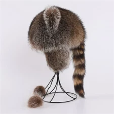 Luxury Fluffy Natural Raccoon Fur Bomber Hat Cat Ears Balls Trapper Hat Earflap