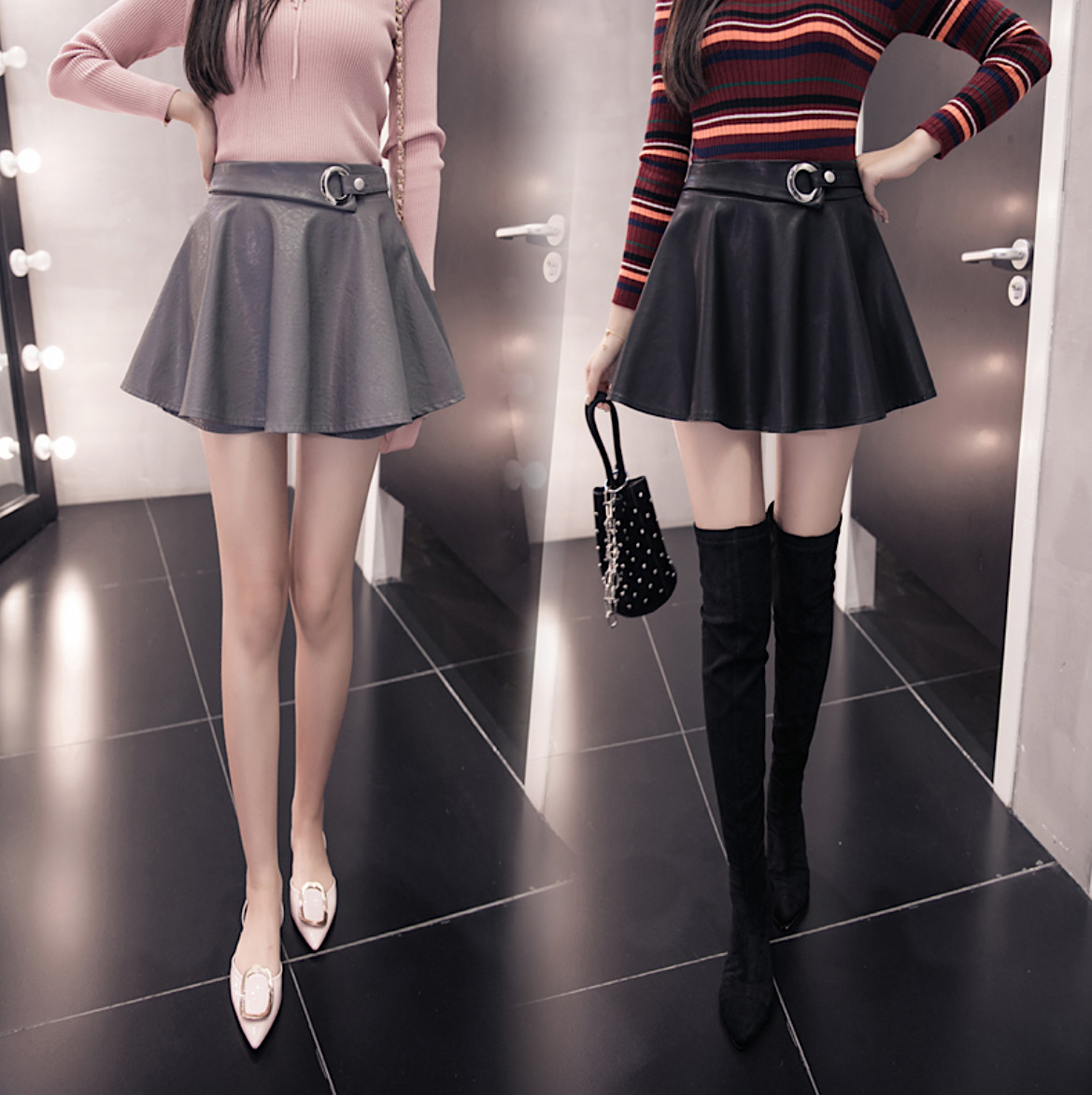 Mini Gonna Donna Vita Alta Autunno Simil Pelle PU Leather Mini