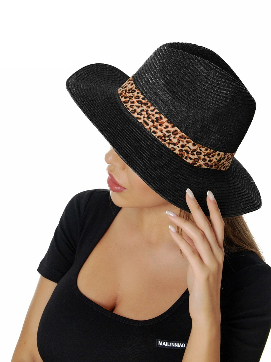 Women's Leopard Animal Print Band Fedora Hat Teardrop Crown Straw