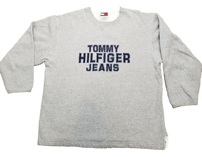 VTG Tommy Hilfiger Jeans Spellout Gray Crew Neck Preppy CollegeSweatshirt Sz Med