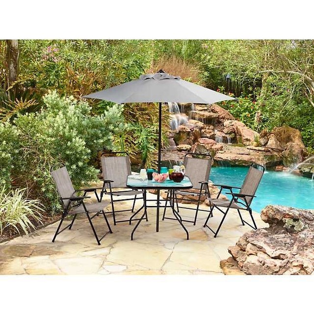 8 Piece Outdoor Gray Patio Dining Set Includes Umbrella Folding Deck Furniture For Sale Online Ebay
