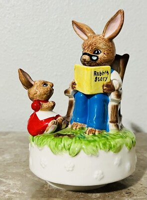 Vintage Brown Bunny Music Box JAPAN Reading Rocking Chair Easter