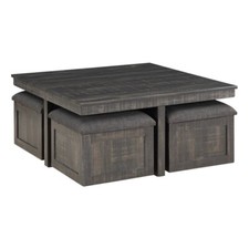 Moseberg Gray Oak Wood Coffee Table with Storage Stools