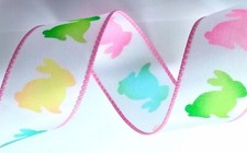 Easter 1.5" x 2 yards Bunnies on White Wired Ribbon Green Yellow Pink Blue