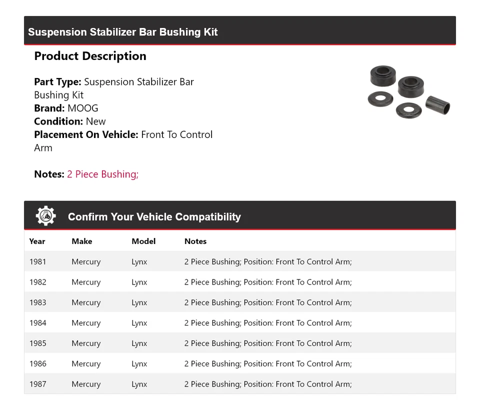 Kit de buje de barra estabilizadora de suspensión Mercury Lynx 1981-1987 MOOG 1981 1982 Foto 2 de 4