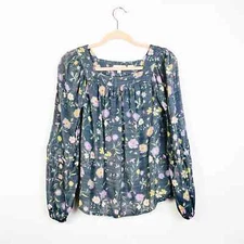 LC Lauren Conrad Gray Floral Square Neck Smock Peasant Top Blouse SZ XS