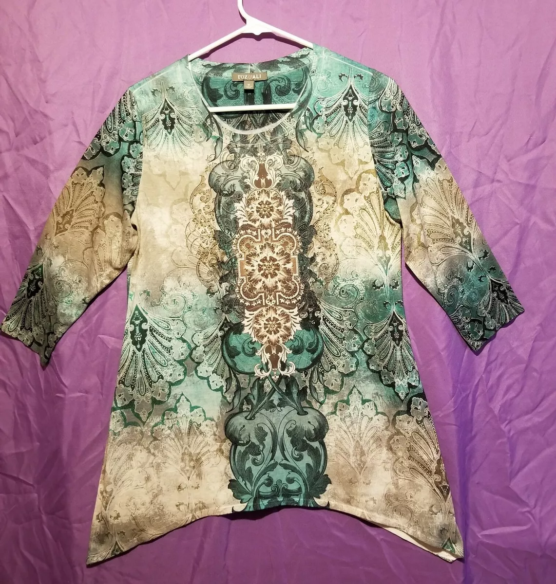 Women s Roz Ali Size Medium Green Beige White Tunic Blouse Top