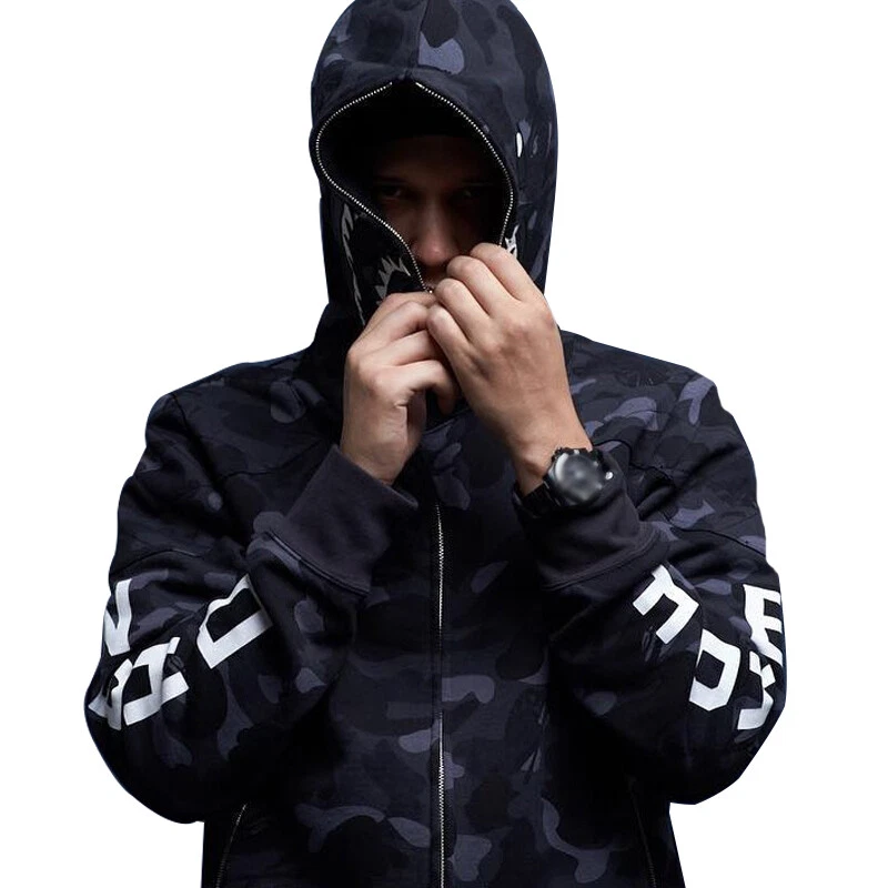 Bape Hoodie Men's Hip Hop Black Camo Shark Head Jacket Zip Camouflage Long  Sleeve Sweatshirt, Black, S : : Fashion