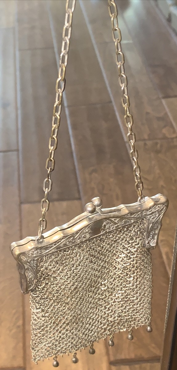 Antique Silver chain handle Mesh Purse 104g stamped G Antique Silver chain handle Mesh Purse 104g stamped G