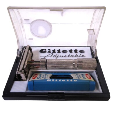 Vintage Gillette Fat Boy TTO 1-9 Adjustable DE Safety Razor Set in Case E4 1959