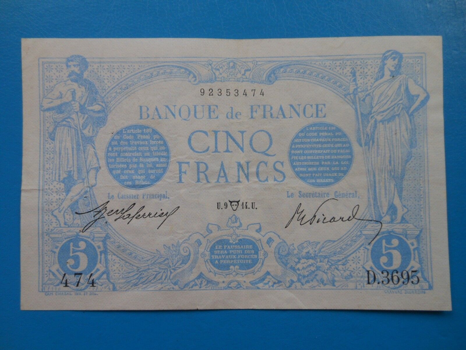 5 francs bleu 9-4-14 F2/22 JOLI TTB Populaire prijs