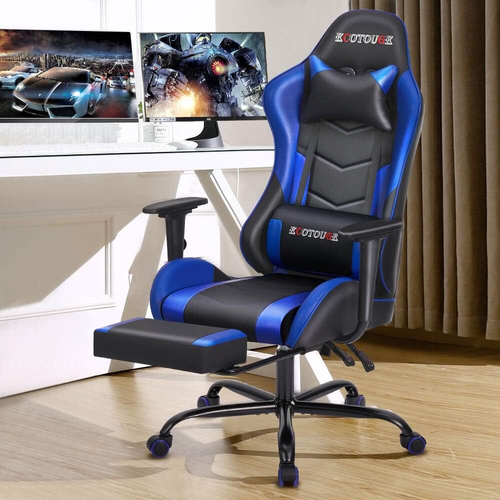 Massage Gaming Chair with Footrest Ergonomic Office Desk Chair Racing PU Leather-image