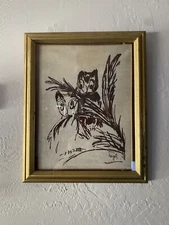 MId Century Owl Painting signed and numbered
