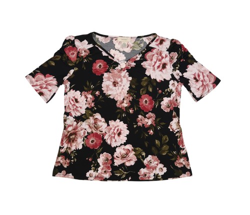 Diana Belle Shirt Womens Large Black Pink Floral V Neck Short Sleeve Ring Top