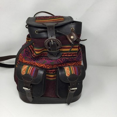 Ethnic Handmade Leather  & Wool Woven Mini Backpack Bag