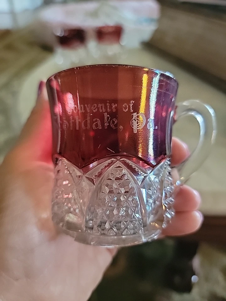 1906 Ruby Stain EAPG Pattern Glass Button Arches Personalized Scottdale PA Cup - Image 3 of 4