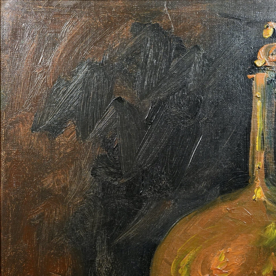 Pintura a óleo vintage emoldurada assinada natureza morta sobre tela “frutas e um jarro” - Imagem 3 de 4