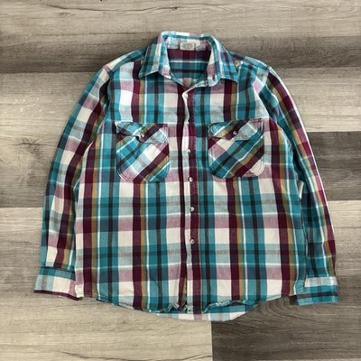 Vintage Five Brother Flannel Shirt Men's L Tall Colorful Plaid Workwear
