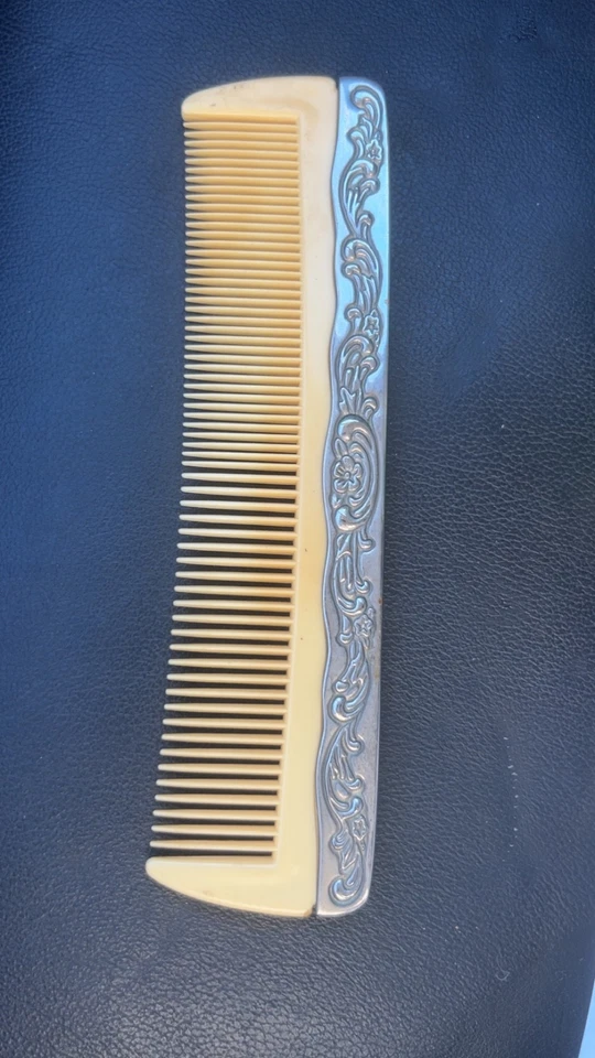 Vintage Silver Plated Celluloid Comb with Ornate Floral Design Vanity 7.25” - Image 2 of 3