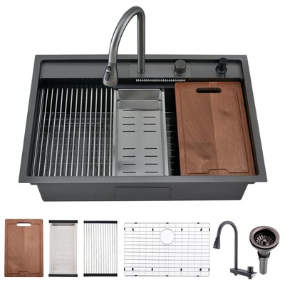 33 Inch Black Drop In Waterfall Kitchen Sink Splash Guard Workstation - 33x22...