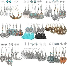 45 Pairs Vintage Silver Drop Dangle Earrings Set for Women Bohemian Bronze Wa...