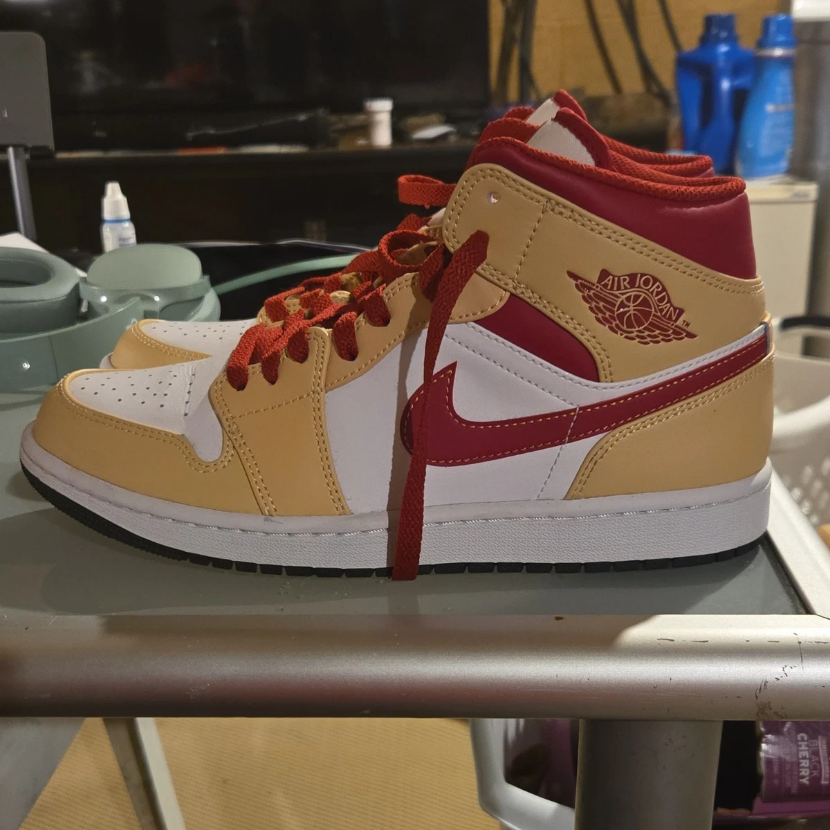 Jordan 1 Mid Light Curry Cardinal Red for Sale 