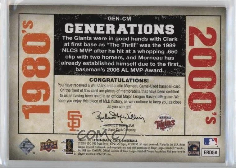 2008 SP Legendary Cuts Generations Dual Memorabilia Will Clark Justin Morneau - Image 2 of 2