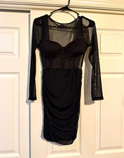 Fashion Nova Women’s Black Mesh Sheer Ruched Bodycon Mini Dress Long Sleeve S