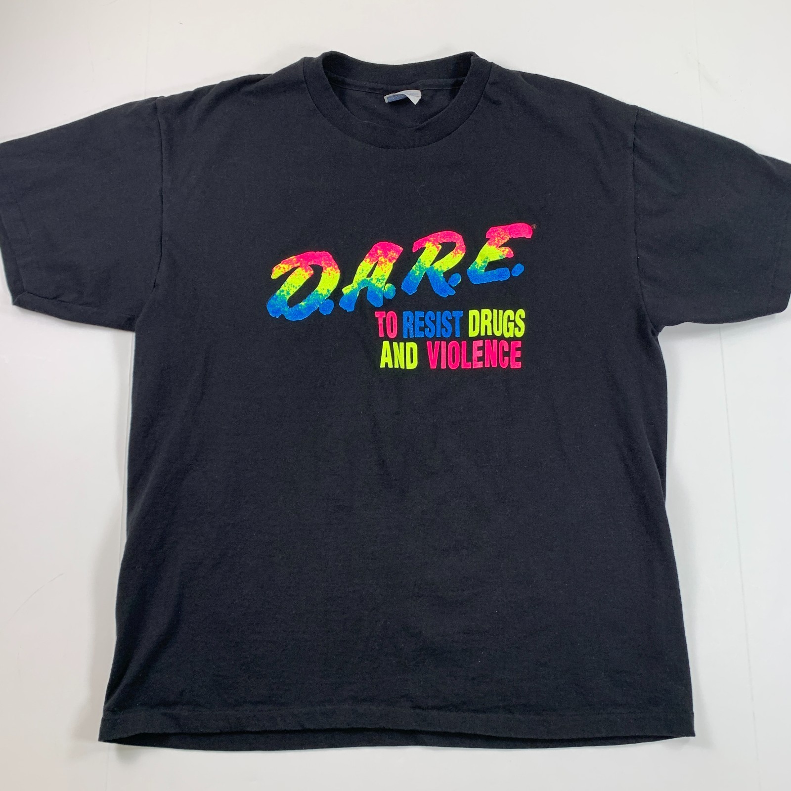 Vintage 90s DARE To Resist Drugs and Violence Neon Rainbow Graphic T-Shirt Large