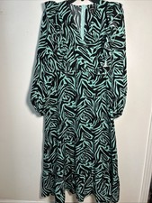 Boohoo Women 22 Dress Maxi Teal Zebra Puff Sleeve Ruffle 6421