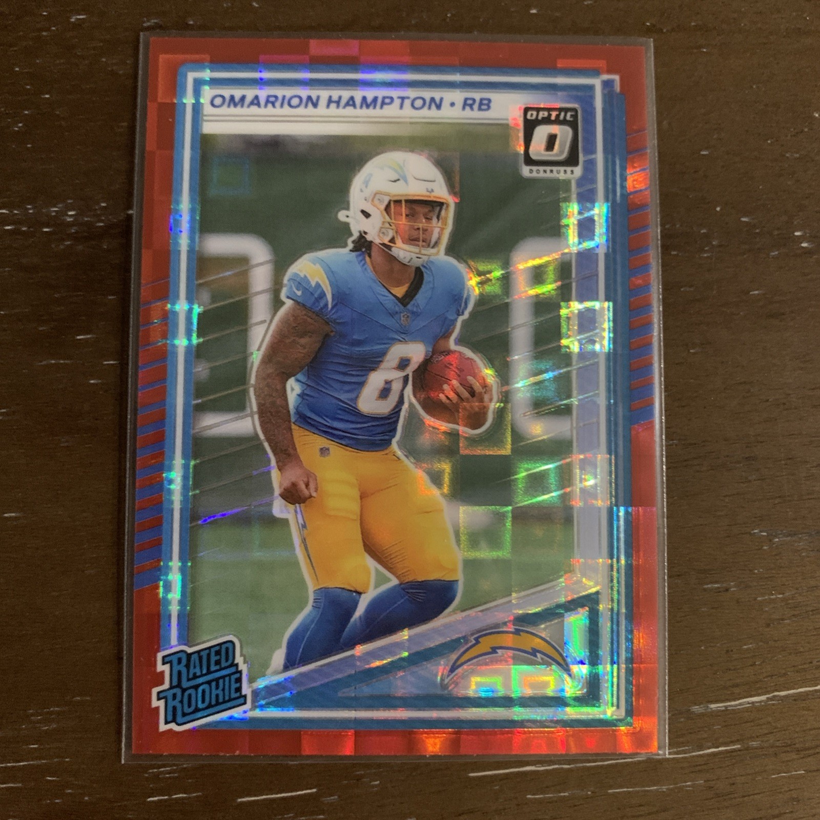 2025 Donruss Rated Rookie Omarion Hampton #303 Optic Preview Red Pandora Prizm