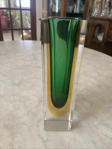 Vintage MCM Murano Glass Designer Vase Sommerso Cube Faceted 6.75”