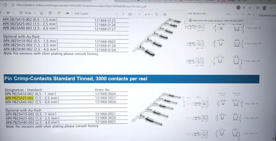 100 PIEZAS SUELTAS ITT cañón APK-PB25A25-002 pin de contacto tamaño 2,5 mm estaño de crimpado Foto 3 de 4